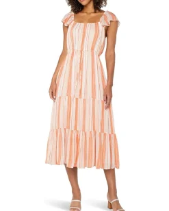 Liverpool Los Angeles Flutter Sleeve Woven Maxi Dress With Cinched Waist Orange Tan Stripe Best