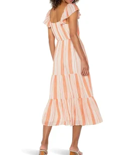 Liverpool Los Angeles Flutter Sleeve Woven Maxi Dress With Cinched Waist Orange Tan Stripe Best