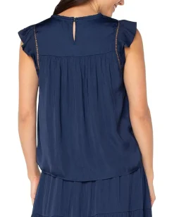 Liverpool Los Angeles Flutter Sleeve Woven Top With Trim Detail Dark Navy Online