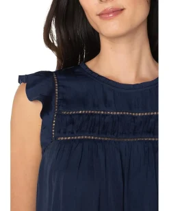 Liverpool Los Angeles Flutter Sleeve Woven Top With Trim Detail Dark Navy Online
