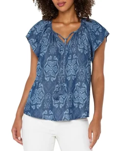 Liverpool Los Angeles Flutter Sleeve Woven Top With Front Tie Detail Tribal Allover Hot