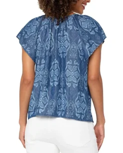 Liverpool Los Angeles Flutter Sleeve Woven Top With Front Tie Detail Tribal Allover Hot