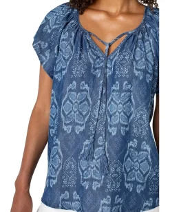 Liverpool Los Angeles Flutter Sleeve Woven Top With Front Tie Detail Tribal Allover Hot