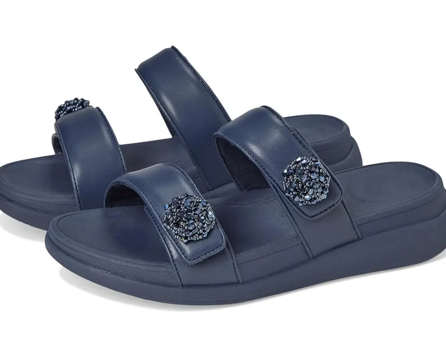 FitFlop F-Mode Go Beadie-Button Adj. Flatform 2-Bar Slides Midnight Navy New