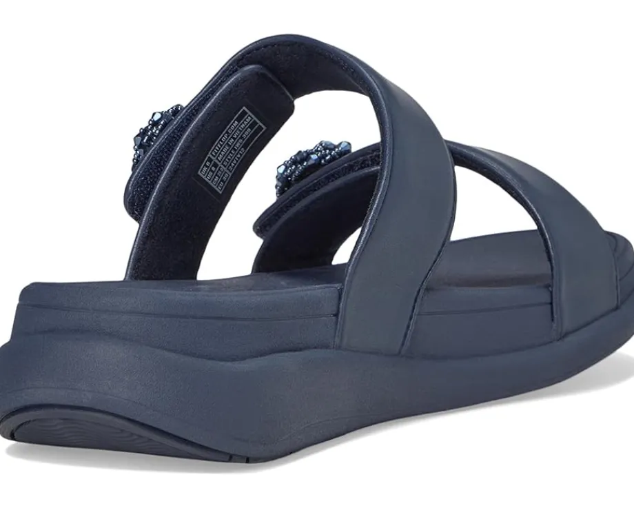 FitFlop F-Mode Go Beadie-Button Adj. Flatform 2-Bar Slides Midnight Navy New