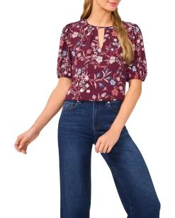 Women CeCe Front Keyhole Short Puff Sleeve Top