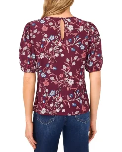 Women CeCe Front Keyhole Short Puff Sleeve Top