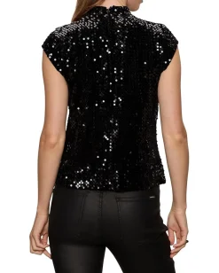 Sanctuary Funnel Neck Sequin Top Black