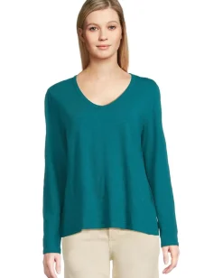 Elliott Lauren Garment Dye Tees - Long Sleeve V-Neck Knit Top Teal