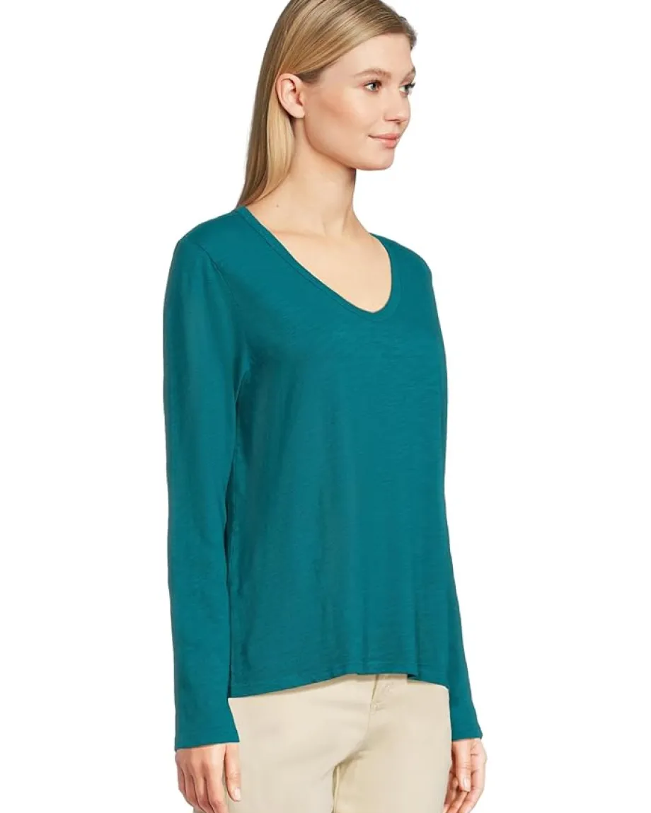 Elliott Lauren Garment Dye Tees - Long Sleeve V-Neck Knit Top Teal