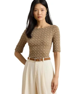 Lauren Ralph Lauren Geo-Print Stretch Cotton Boatneck Tee Taupe Multi Outlet