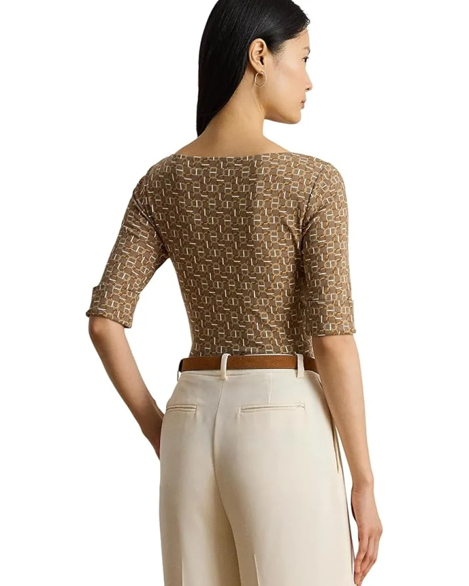 Lauren Ralph Lauren Geo-Print Stretch Cotton Boatneck Tee Taupe Multi Outlet