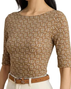 Lauren Ralph Lauren Geo-Print Stretch Cotton Boatneck Tee Taupe Multi Outlet