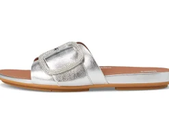 FitFlop Gracie Crystal Maxi-Buckle Metallic-Leather Slides Silver Sale