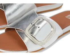 FitFlop Gracie Crystal Maxi-Buckle Metallic-Leather Slides Silver Sale