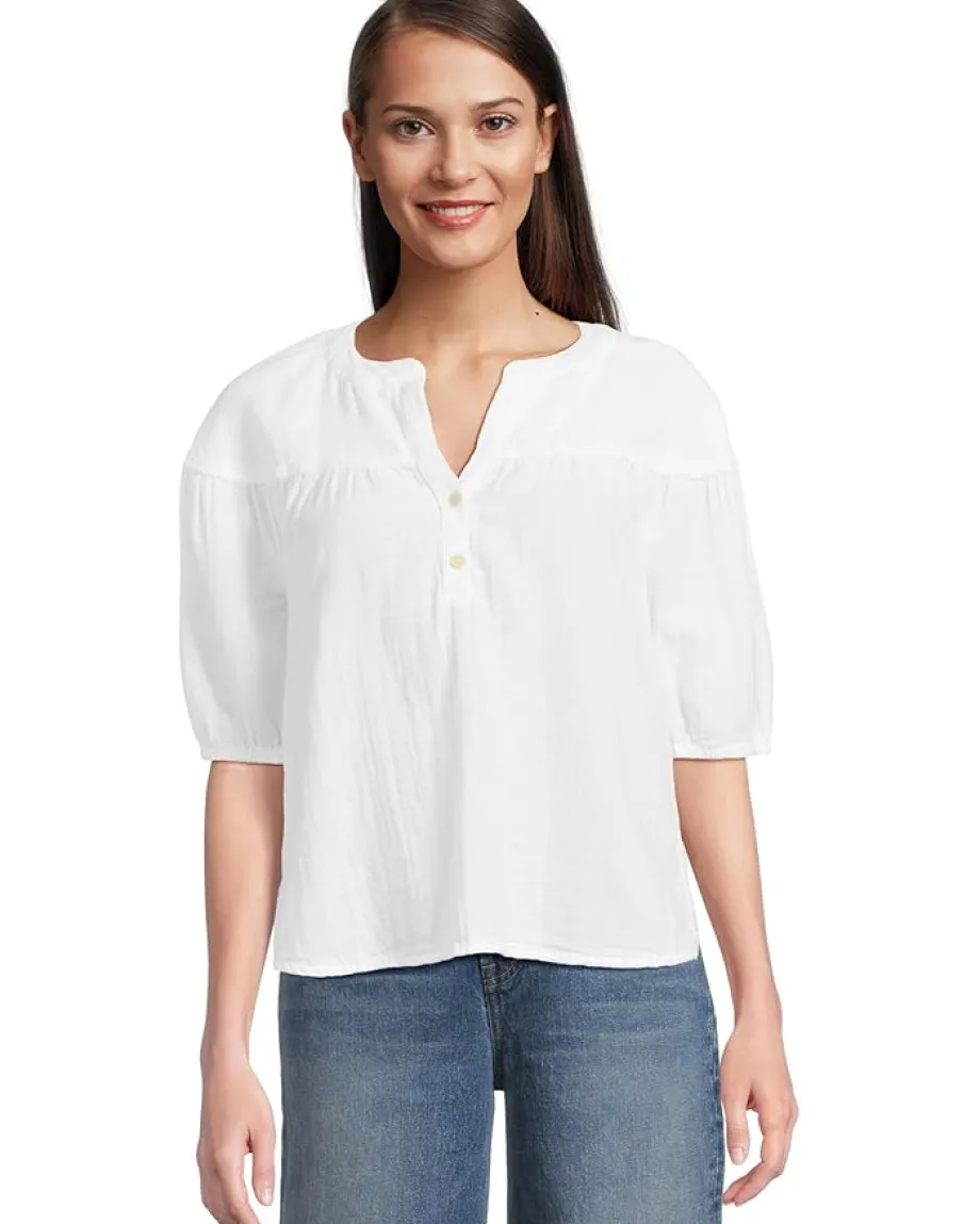 Mod-o-doc Half Sleeve Shirred Yoke Top White New