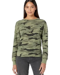 Women Dylan by True Grit Hallie Camo Waffle Drop Shoulder Crew Neck Tee