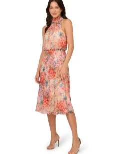 Women Adrianna Papell Halter Tie Blouson Midi Dress