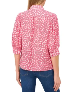 Women CeCe Heart Ruched Sleeve Hidden Placket Blouse