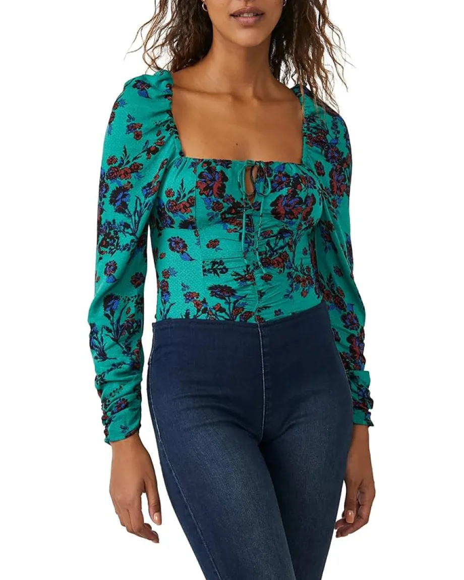 Free People Hilary Printed Top Green Combo Clearance