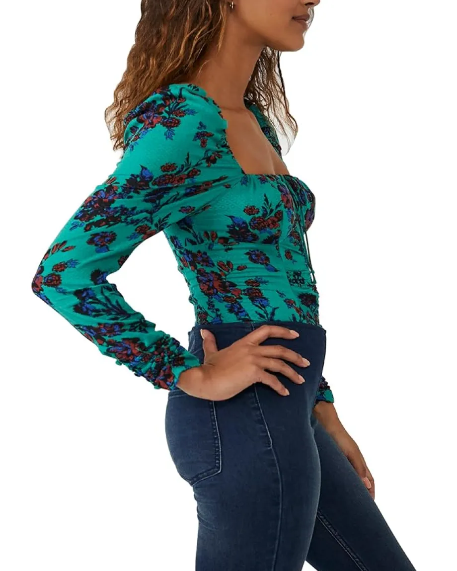Free People Hilary Printed Top Green Combo Clearance