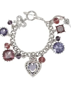Betsey Johnson Iconic Heart Multi Charm Toggle Bracelet Amethyst Clearance