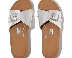 FitFlop Iqushion Adjustable Buckle Metallic-Leather Slides Silver