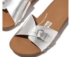 FitFlop Iqushion Adjustable Buckle Metallic-Leather Slides Silver