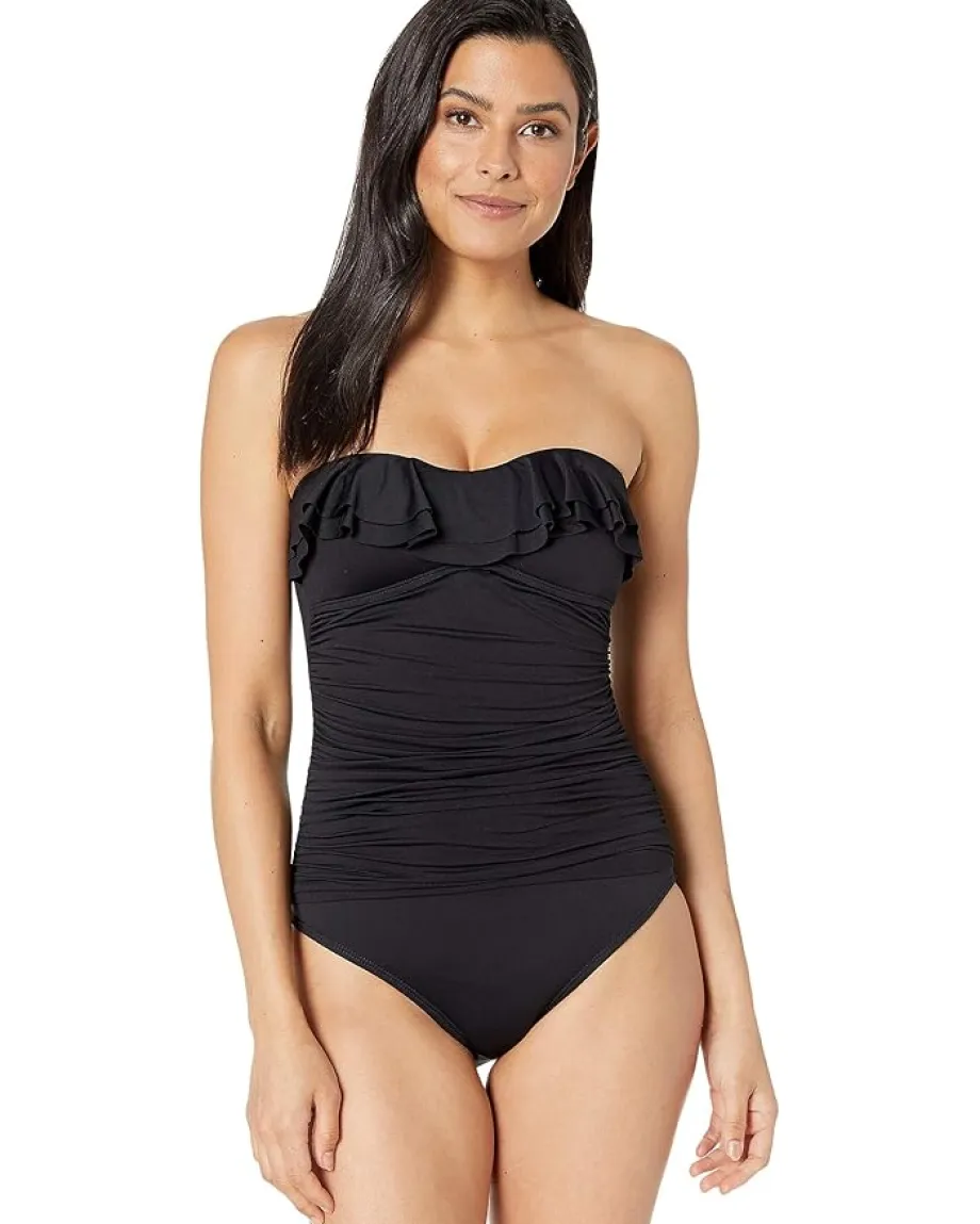 Women La Blanca Island Goddess Ruffle Bandeau Mio One-Piece Swimsuit