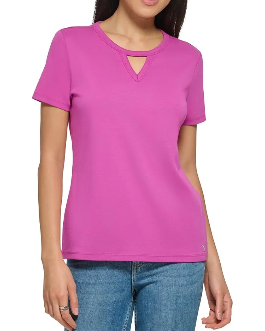 Calvin Klein Jewel Neck Keyhole Cut-Out Knit Tee Shocking Pink Best
