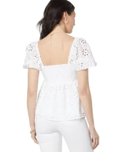 Lilly Pulitzer Kay Short Sleeve Eyelet Top Resort White Funflower Eyelet New