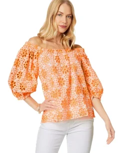 Lilly Pulitzer Kerrigan Elbow Sleeve Top Cantaloupe Funflower Eyelet Clearance