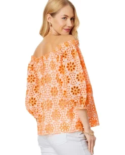 Lilly Pulitzer Kerrigan Elbow Sleeve Top Cantaloupe Funflower Eyelet Clearance