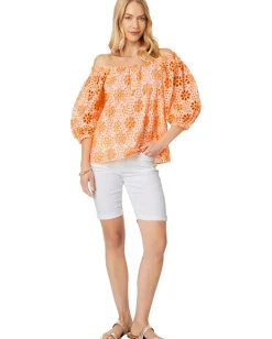 Lilly Pulitzer Kerrigan Elbow Sleeve Top Cantaloupe Funflower Eyelet Clearance
