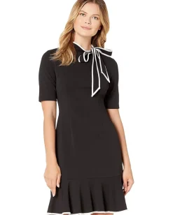 Adrianna Papell Knit Crepe Tie Neck Flounce Dress Black/Ivory New