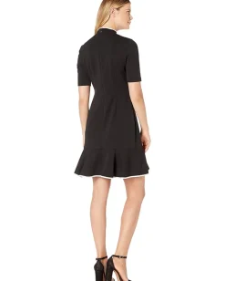 Adrianna Papell Knit Crepe Tie Neck Flounce Dress Black/Ivory New