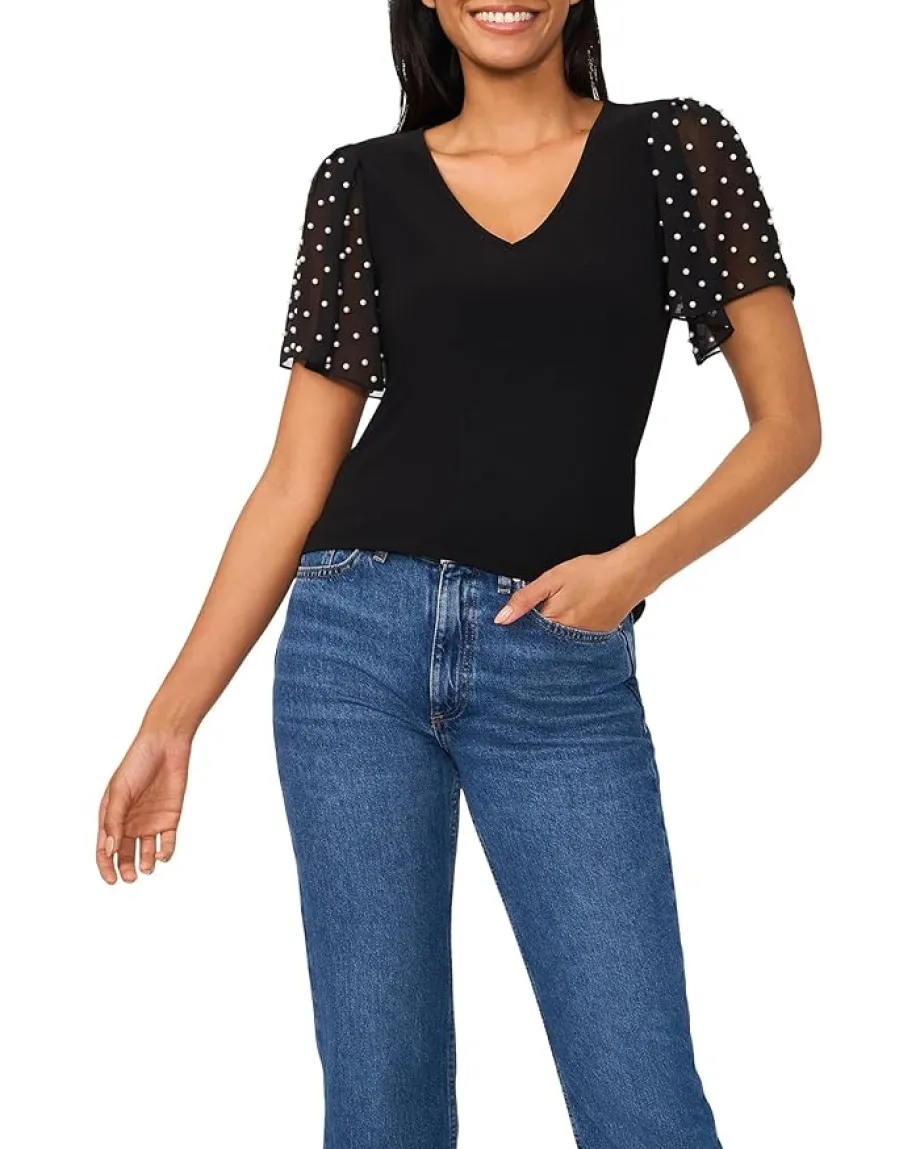 CeCe Knit V-Neck Combo Pearl Sleeve Top Rich Black Outlet