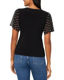 CeCe Knit V-Neck Combo Pearl Sleeve Top Rich Black Outlet