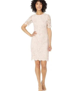Vince Camuto Lace Jewel Neck Elbow Sleeve Bodycon Open Back Dress Blush Online