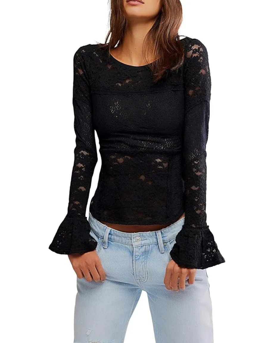 Free People Lace Layering Long Sleeve Black Discount