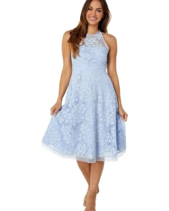 Vince Camuto Lace Ruffle Halter Neck Fit-and-Flare Midi Blue Hot