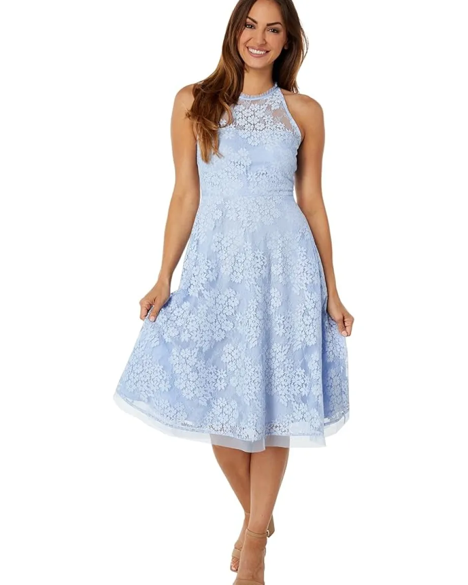 Vince Camuto Lace Ruffle Halter Neck Fit-and-Flare Midi Blue Hot