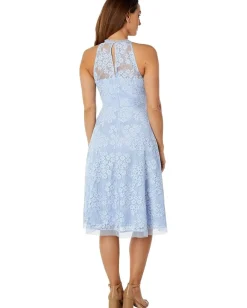 Vince Camuto Lace Ruffle Halter Neck Fit-and-Flare Midi Blue Hot