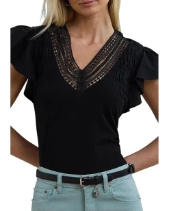 Lauren Ralph Lauren Lace-trim Jersey Flutter-sleeve Tee Black Online