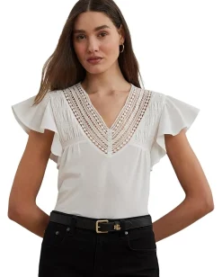 Women Lauren Ralph Lauren Lace-trim Jersey Flutter-sleeve Tee