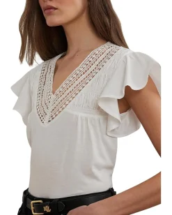 Women Lauren Ralph Lauren Lace-trim Jersey Flutter-sleeve Tee