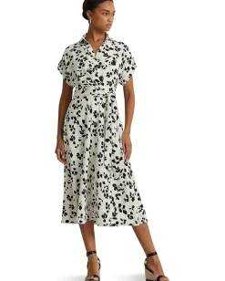 Lauren Ralph Lauren Leaf-Print Belted Crepe Dress Cream/Black Clearance