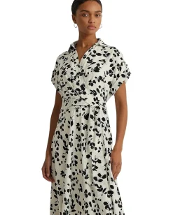 Lauren Ralph Lauren Leaf-Print Belted Crepe Dress Cream/Black Clearance