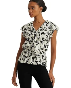 Women Lauren Ralph Lauren Leaf-Print Ruffle-Trim Jersey Peplum Top