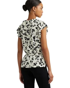 Women Lauren Ralph Lauren Leaf-Print Ruffle-Trim Jersey Peplum Top